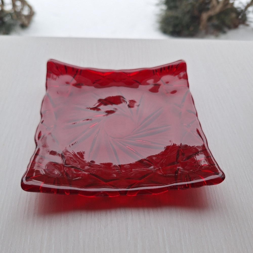Vintage Brilliant Ruby Red  Pinwheel Slumped Glass. Mid-Century Vintage